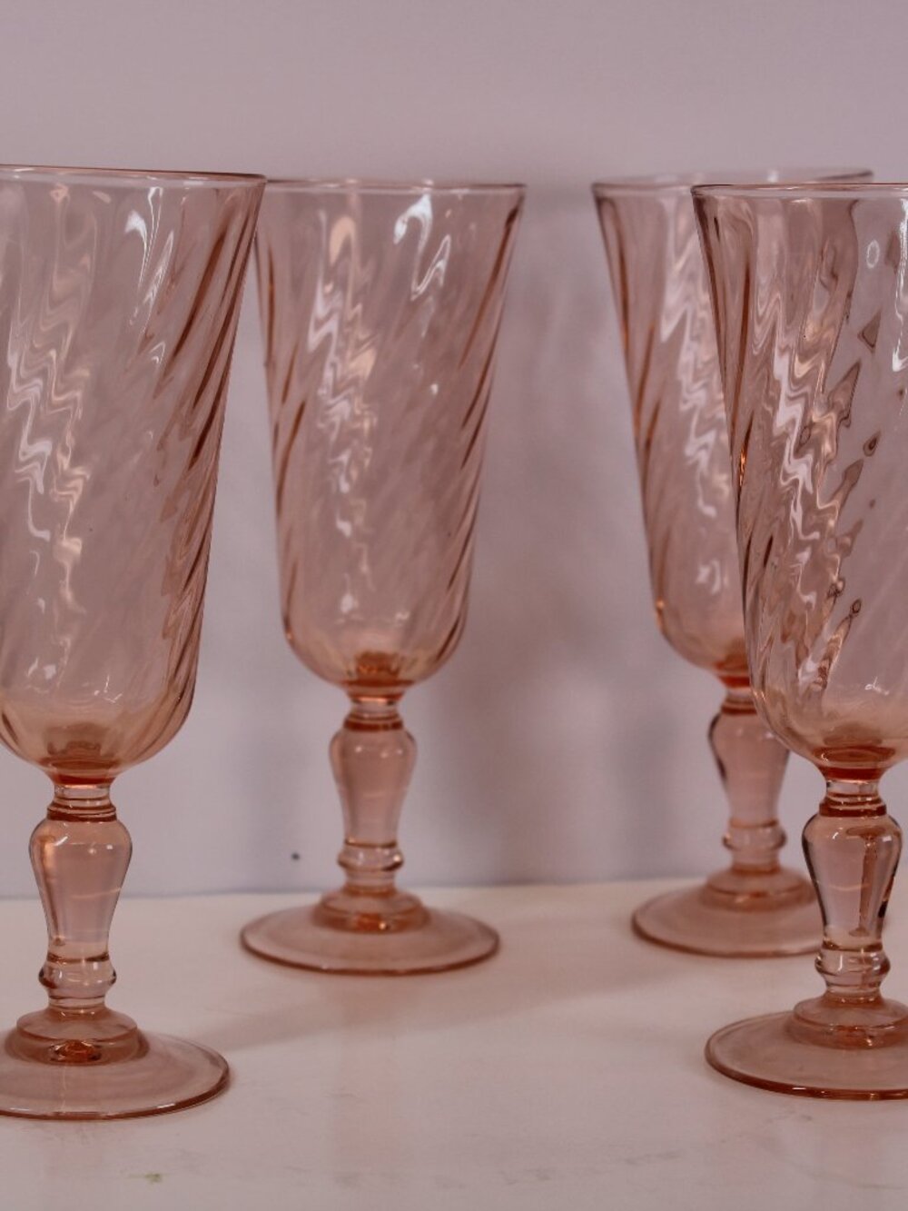 Vtg MCM FRENCH Luminarc Rosaline Pink Swirl Cristal D'Argues Champagne Flutes x4